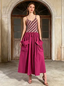 Bettergirl Spring 2026 New Fashion Unique Patchwork Long Halter Women Dress Cargo Yellow Pocket Casual Dresses