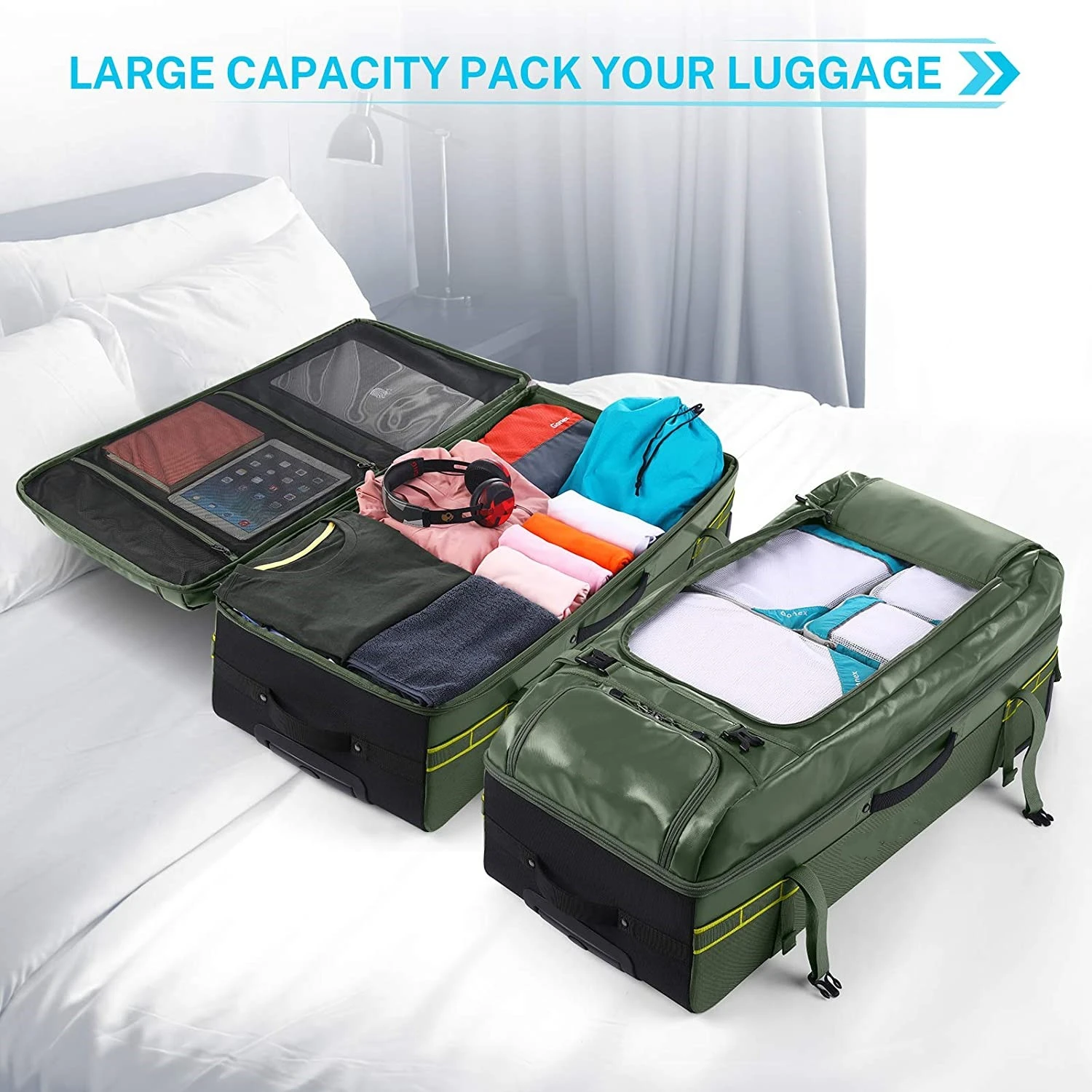 Бесплатный образец рюкзака на колесиках 100 л водоотталкивающий большой дорожный спортивный багаж оливково-зеленого