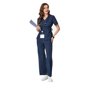 Women's Knitted Short Sleeve V-Neck Scrub Drawstring Waist Nursing Uniform Hospital Medical Scrubs Breathable Comfortable Sets
