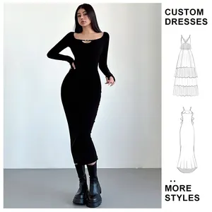 Custom OEM Women's Elegant Ladies Long Sleeve Girls Bodycon Luxury Chic Evening Prom Maxi Night Party Dresses for Women Casual
