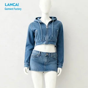 Women's Denim Two-Piece Set Customizable Cropped Hooded Jacket and Mini Skirt Casual Streetwear Denim Co-ord Set