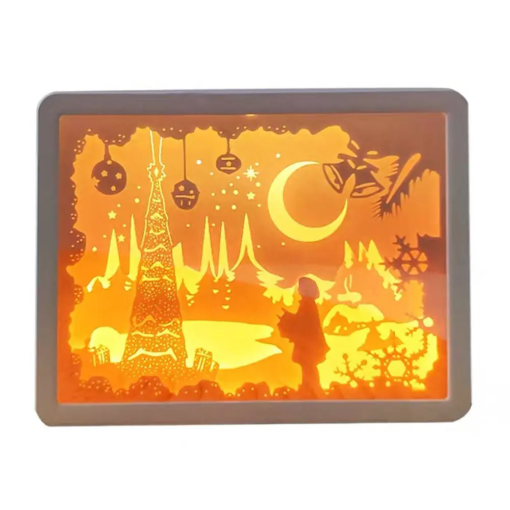 LED Rechargeable Rectangle 3D Mirror Paper Carved Night Light for Bedroom Decoration Desk Lamp