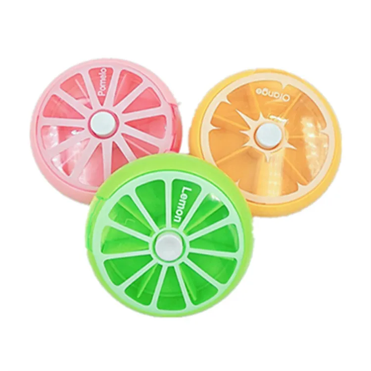 Mini Caixa de Compartimentos em Plástico com Formato de Fruta, Pressione e Gire, Portátil com 7 Compartimentos, Organizador de Comprimidos, Caixa de Medicamentos