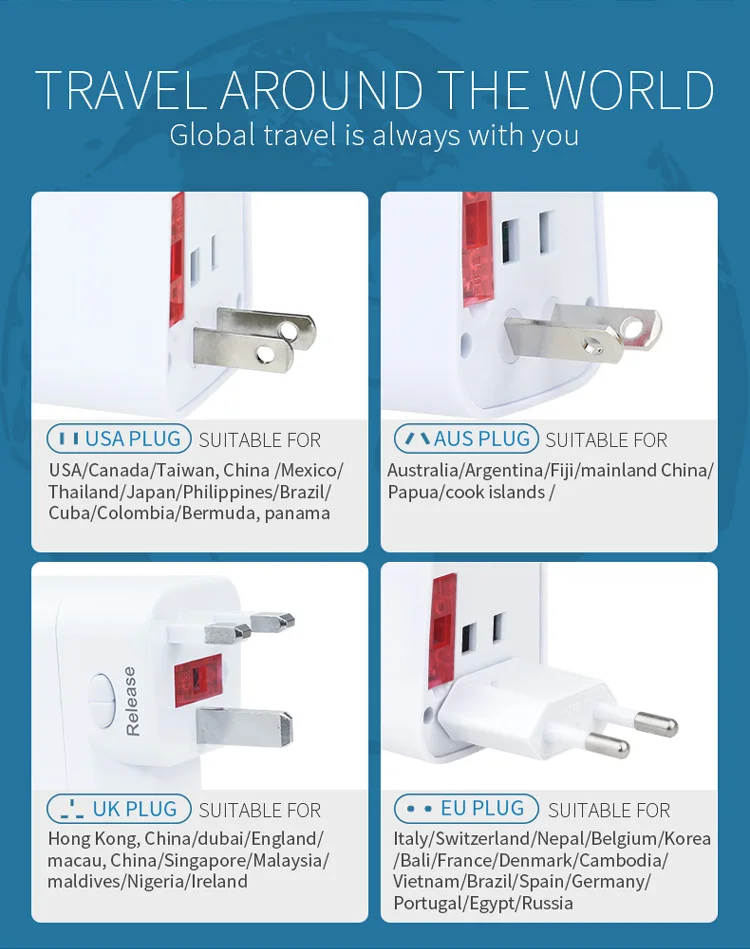 适用于Wonplug国际旅行适配器2 USB电源插头电源插座通用USB电源充电器转换器方便