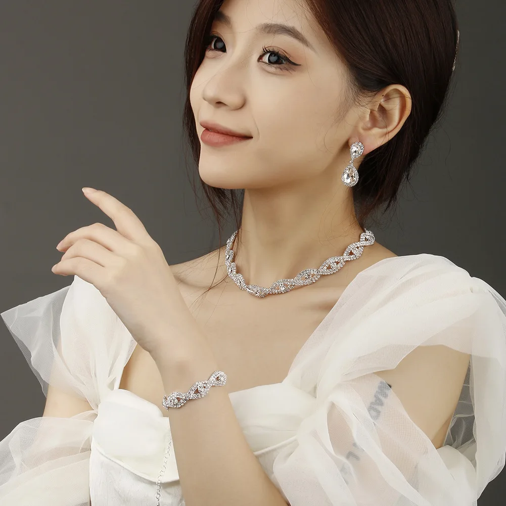 Women's Evening Dress Jewelry Set: Classic Necklace, Bracelet & Earrings  Three-Piece Set with Crystal & Rhinestone Accents