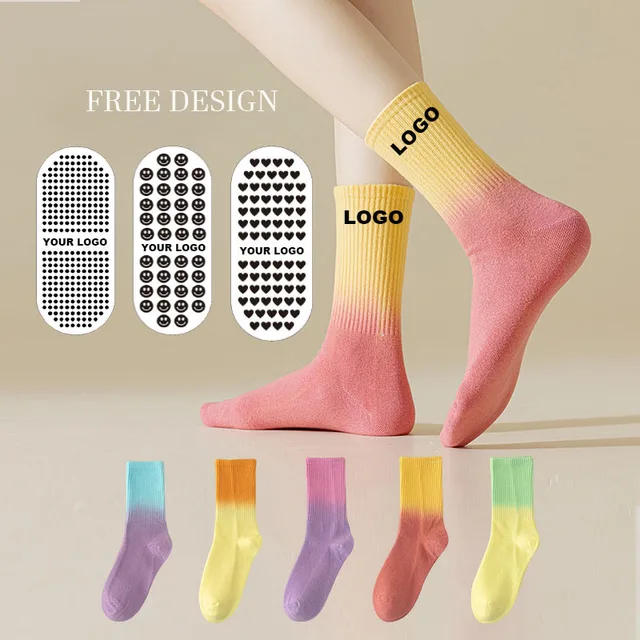 Custom Logo Rainbow Gradients Tie Dye Cotton Sports Socks Mid Tube Crew Socks Women Yoga Pilates Fitness grip Socks for girls