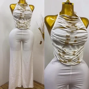 Viviblook Z605JP03 Women's Beaded Fringed Jumpsuits Bodycon Summer Backless Fitted Wide Legs One Piece Jumpsuit Women Outfits