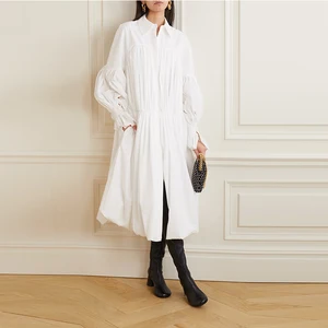 Clothing Manufacturer Custom Spring Autumn White Polo Neck Long Sleeve Elegant Casual Women Cotton Shirt Dress