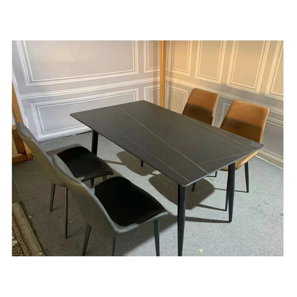 Простой квадратный обеденный стол из черного металлокерамического камня и мрамора для ресторана набор 6