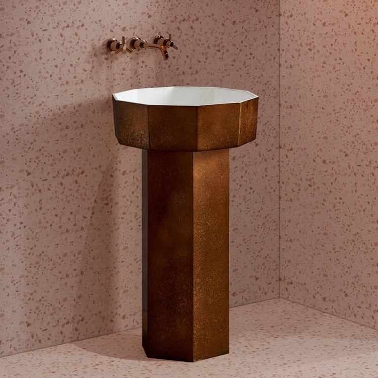Antique Style Lectroplate Red Bronze Artificial Stone Freestanding Floor Standing Washbasin Bathroom Pedestal Hand Washing Sink