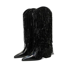 Sequin Fringe Metallic Tassel  Cowgirl Cowboy Boots Statement Western Party Boots for Women