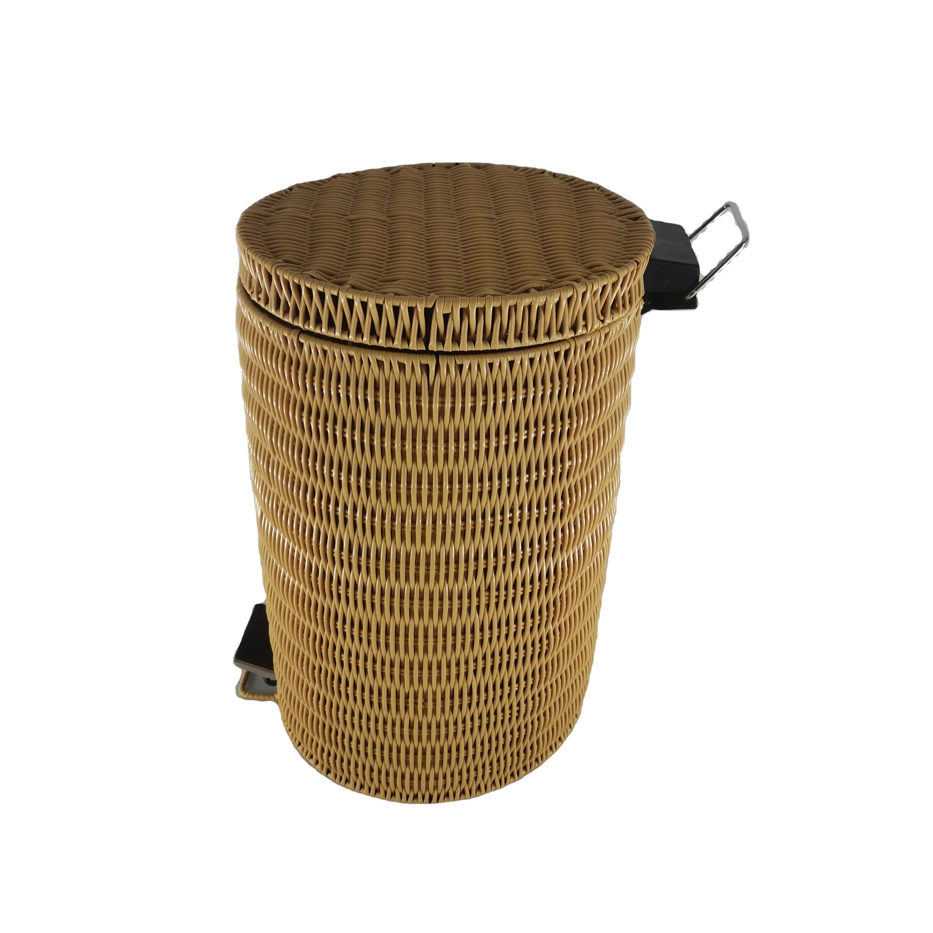 Factory Customized Large Capacity  Hand Woven Plastic Rattan Waste Bin  Rattan Rubbish Bin with Foot Pedal