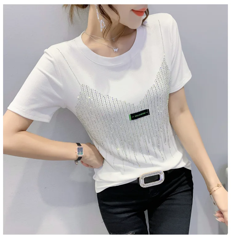 Fashion Rhinestone T Shirt Short Sleeve Women's 2021 Summer Crew Neck ...