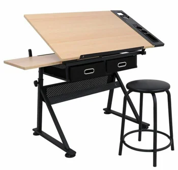 Ergonomic Height Adjustable Drafting Desk Tiltable Tabletop Study Art Drawing Table Desk With Chair