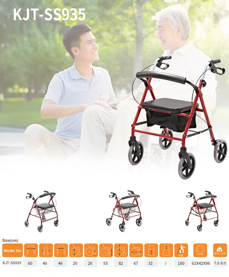 Basic Height Adjust 8" Wheels Aluminum Rollator Walker For Elder Person