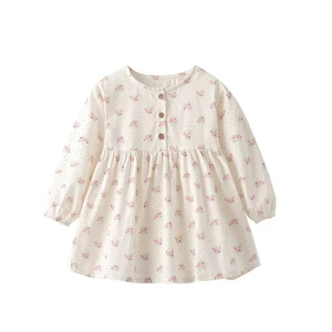 2026 Hot Sale Children's Girls' Neck Puff Sleeve Floral Cotton A-Line Knee-Length Princess Dresses Vintage Fresh Style Summer