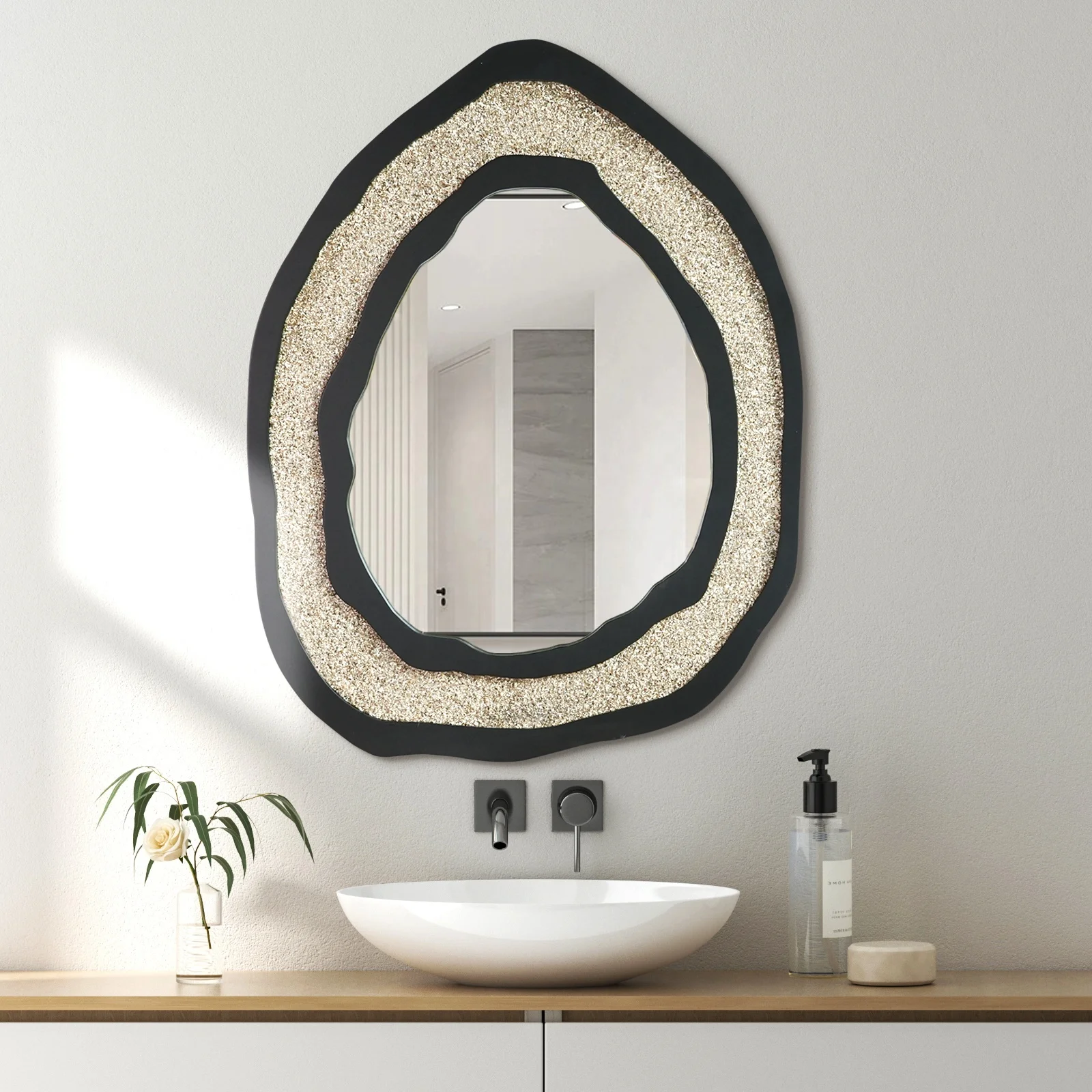 Hot Selling Custom Shell Powder Creativity Best Luxury Decorative Wall Mirror Acrylic Crushed Stone Glass Wall Mirror