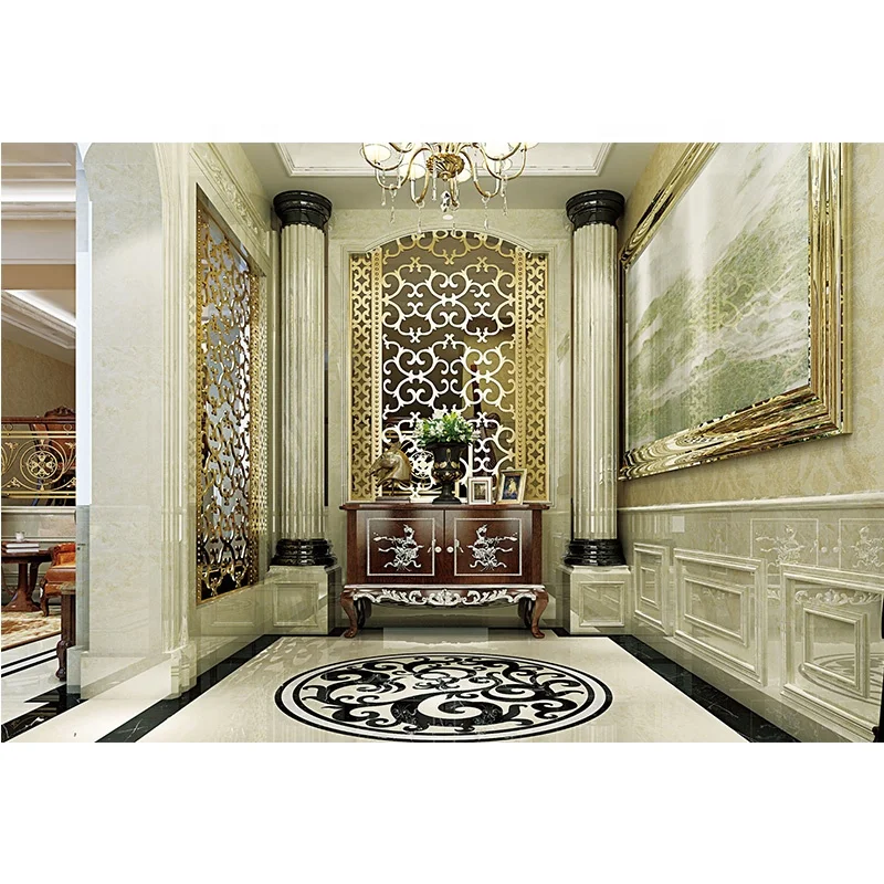 Piso moderno para corredor de hotel: mármore decorativo com padrão de medalhão em jato de água, polido e durável. Design de interiores arquitetônico.