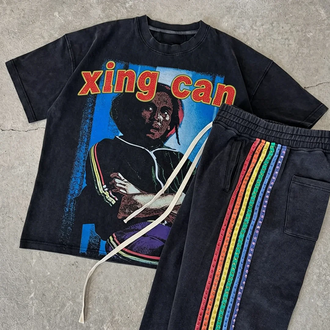 Tilpasselig retro DTG-animeprint herretshirts og strassbukser i to-delts sæt, syrefarvet heavy cotton streetwear-outfit
