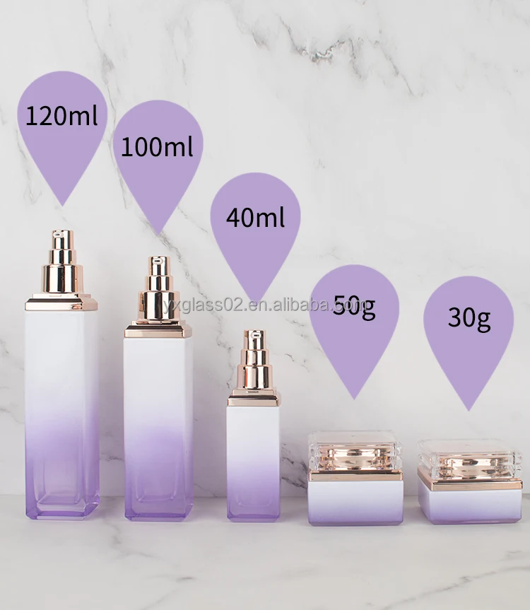 cosmetic glass packing set 120ml 100ml 40ml rectangular glass bottle with aluminum pump and transparent cover factory