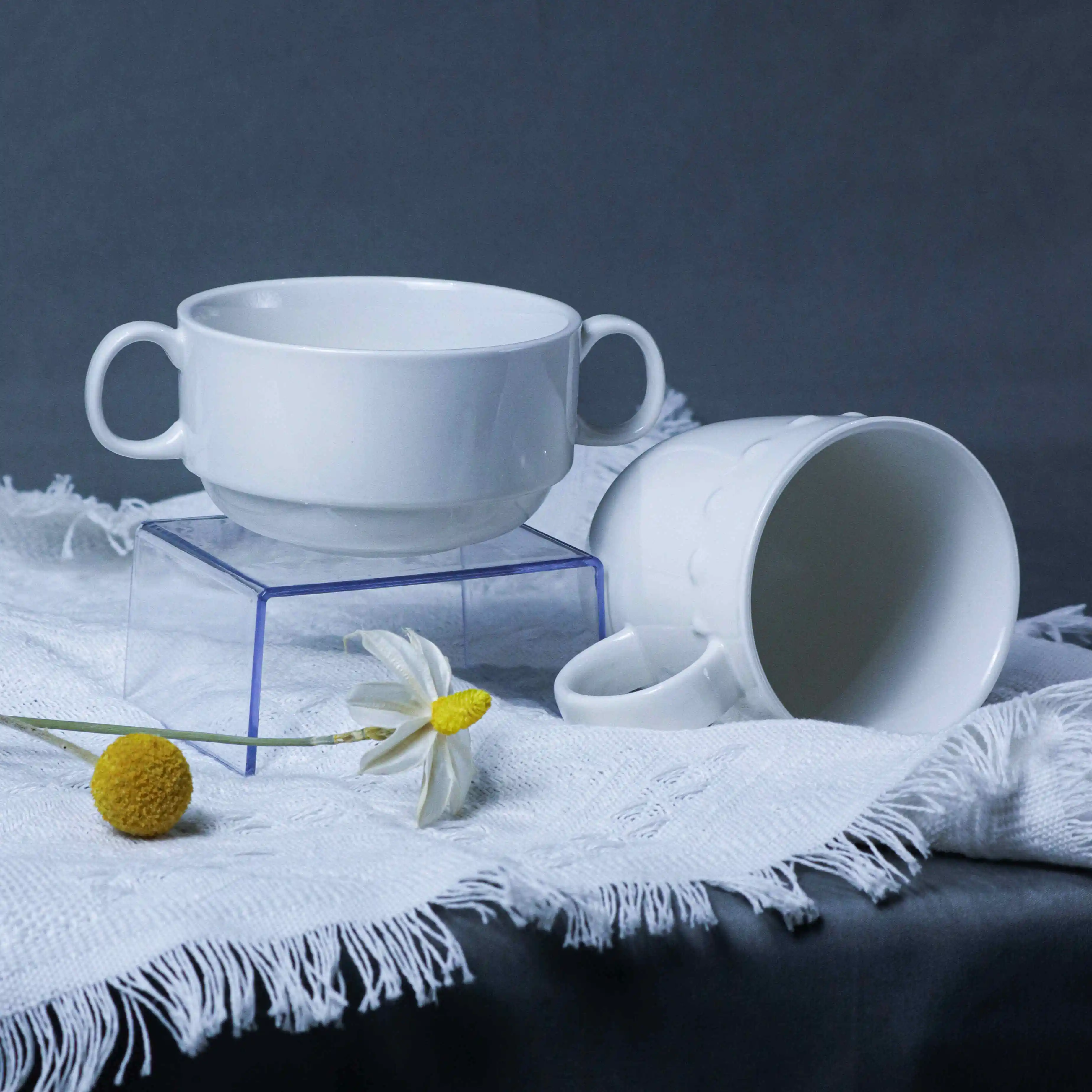 Jinbaichuan New Arrival Tableware Porcelain Cereal Bowl Ceramic Soup Bowl With Two Handle