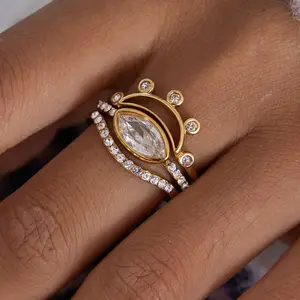 MW Women's 18K Gold-Plated Stainless Steel Geometric Zircon Ring Minimalist Sustainable Wedding Engagement Accessory