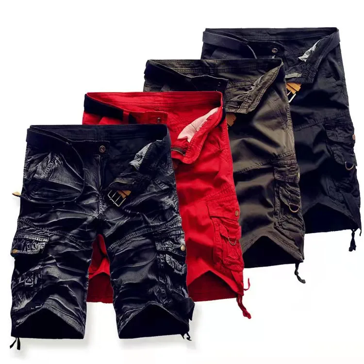 Sommar herrshorts med flera fickor, raka cargoshorts i bomull, för casual bruk, 814_voghion.com