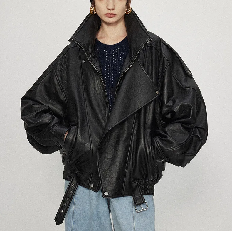 2024 Autumn New Loose Lamb Foam Skin Leather Jacket Women Silhouette Motorcycle Bomber Coat Short Genuine Sheep Leather Jacket