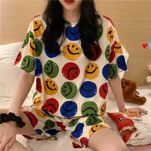 Summer Women's Cartoon Print Pajamas Ladies Pajamas Short Sleeve Shorts Sleepwear Girls Cute Printing Home Wear onesie w