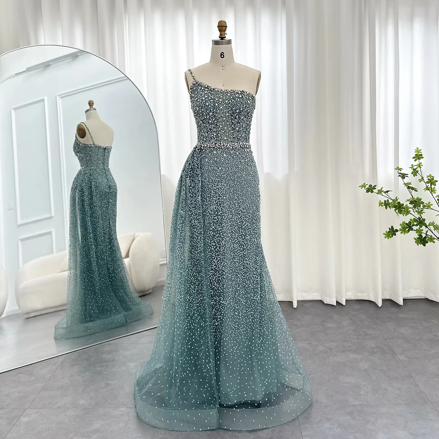 Sparkly Crystal Turquoise One Shoulder Mermaid Evening Dress With Overskirt  Arabic Women Wedding Party Gowns Lsz131
