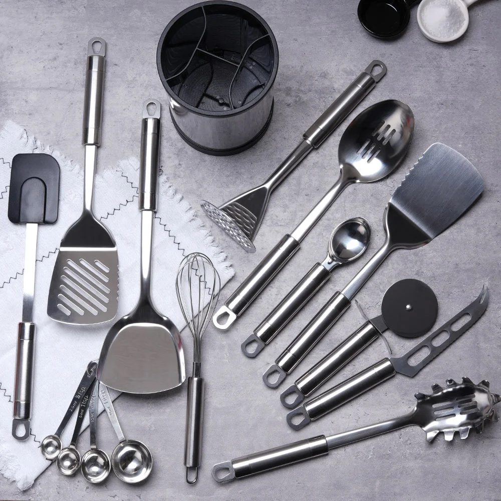 Hot Selling Stainless Steel Kitchen Gadgets Cooking Tools Stainless Steel Cooking Utensils Kitchen Utensils Set with Holder