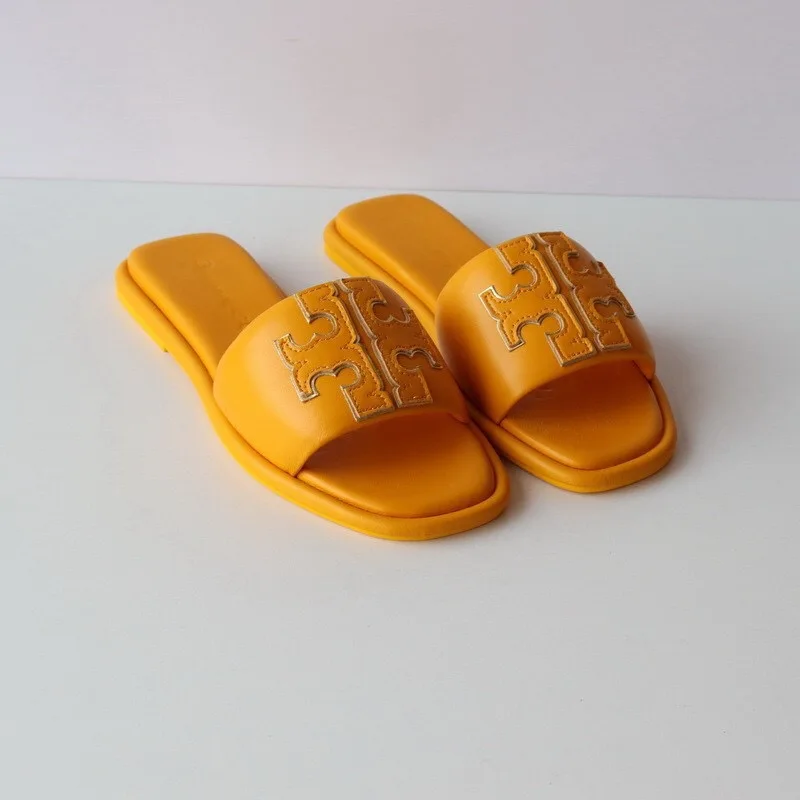 2023 Embroidery Ins Open Toe Flat Slippers One-piece Chic Pu Shoes ...