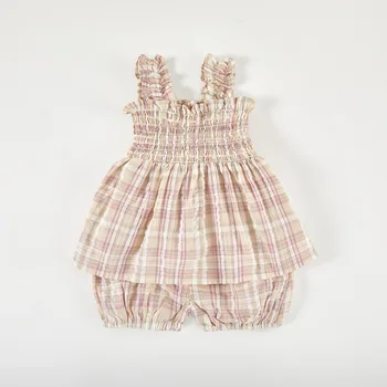 2024 summer baby girls suit plaid top +shorts two-piece set baby clothes