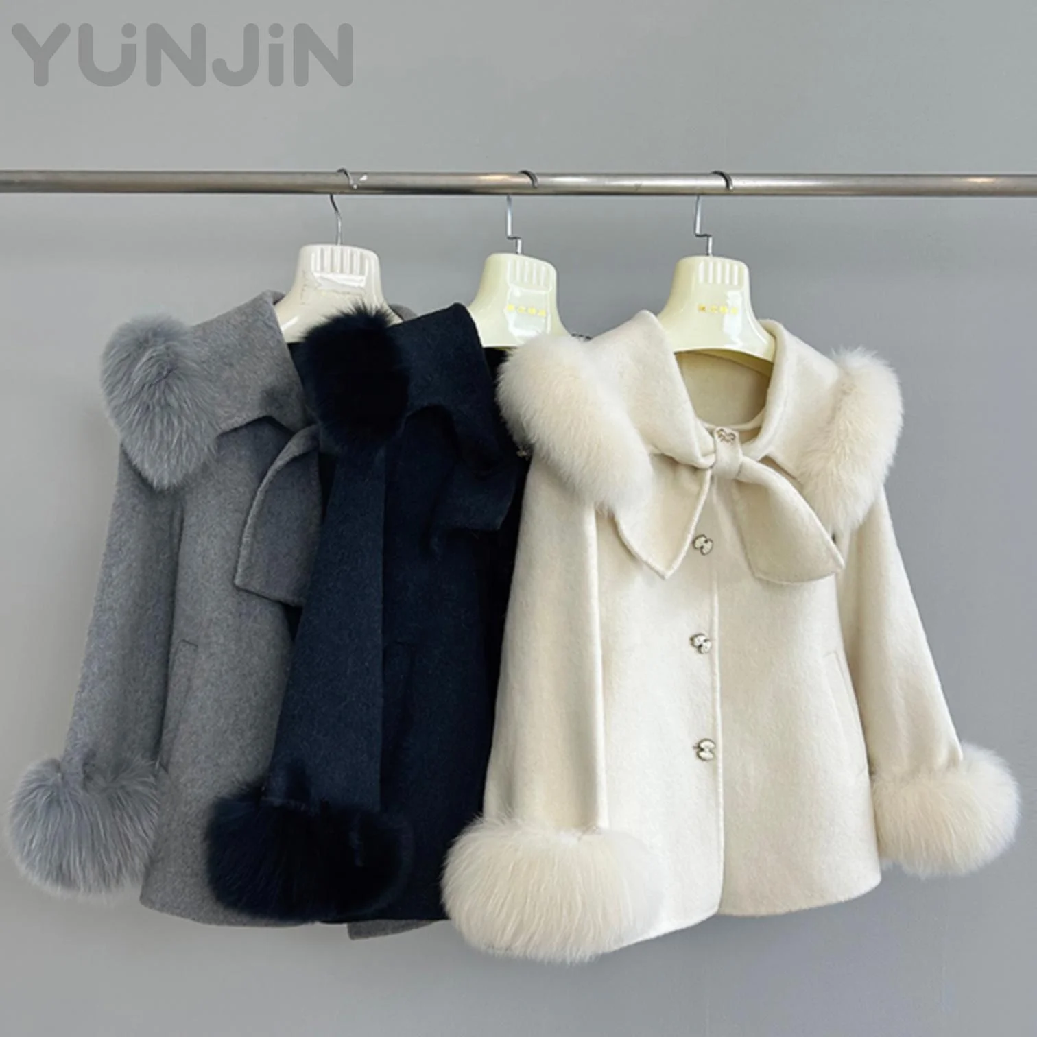 Luxury Women's Double Face Wool Coat Real Fox