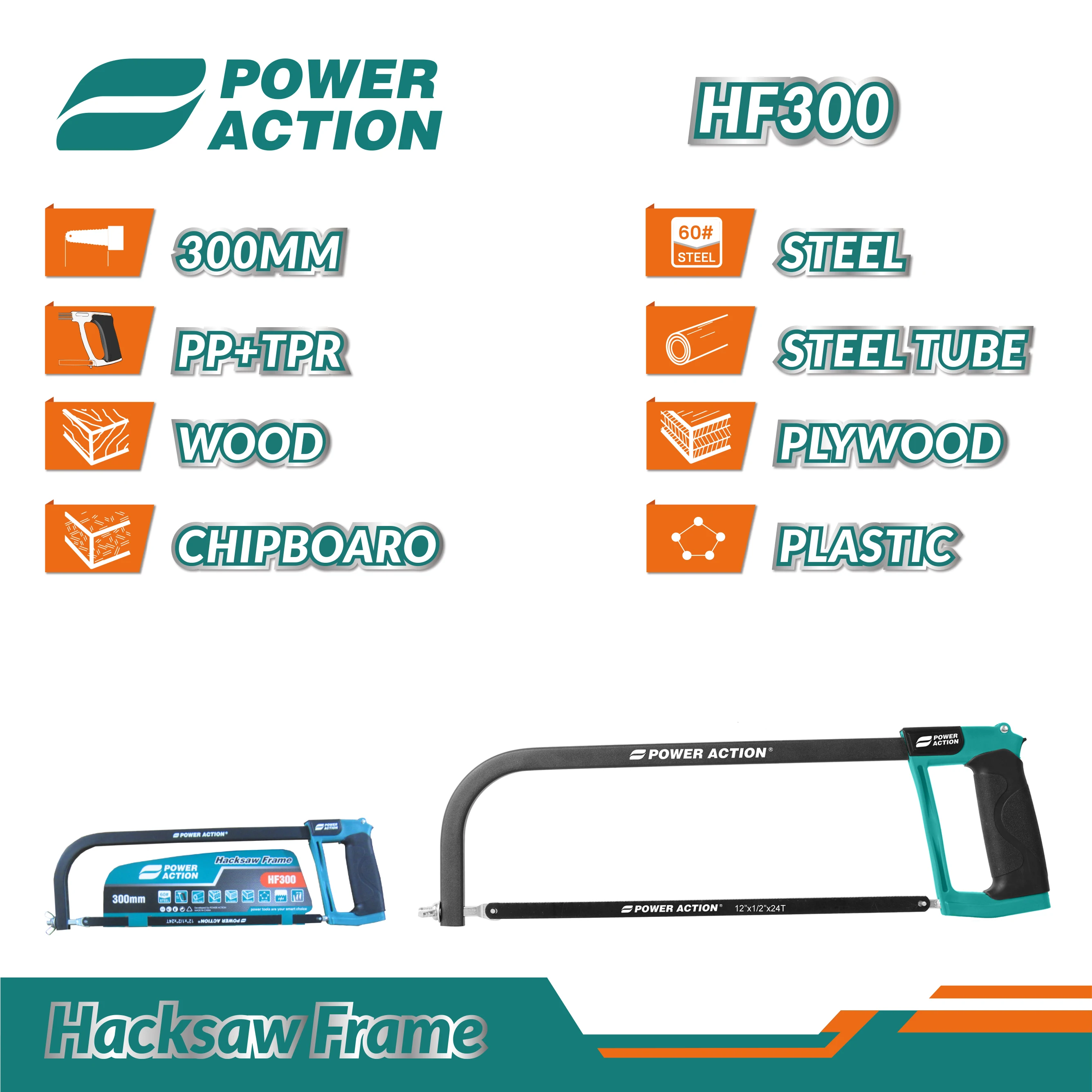 Power Action Professional Hand Tool Factory Price Hacksaw Frame With Blade