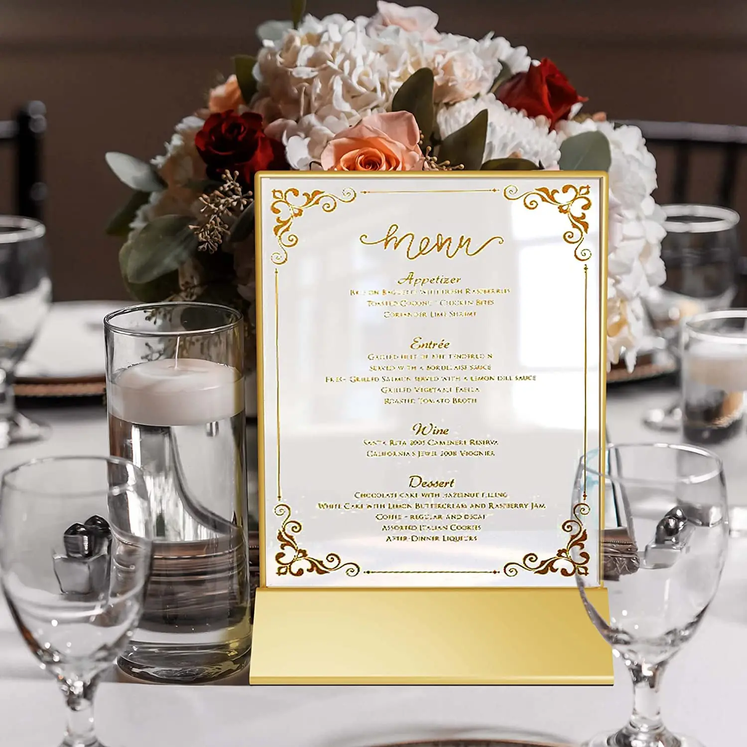 Clear Double-Sided Acrylic Photo Frame with Brass Border UV Printed 1 Color for Wedding Table Numbers and Party Displays