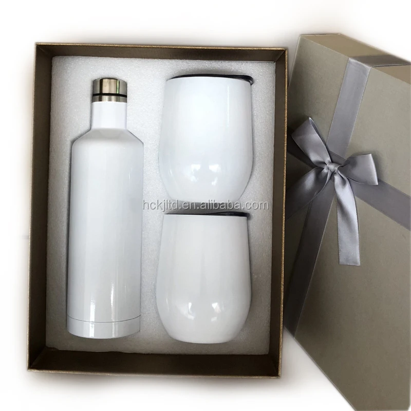 in stock stainless steel metal cups thermos bottle set gift package sublimation blank white wine tumbler set