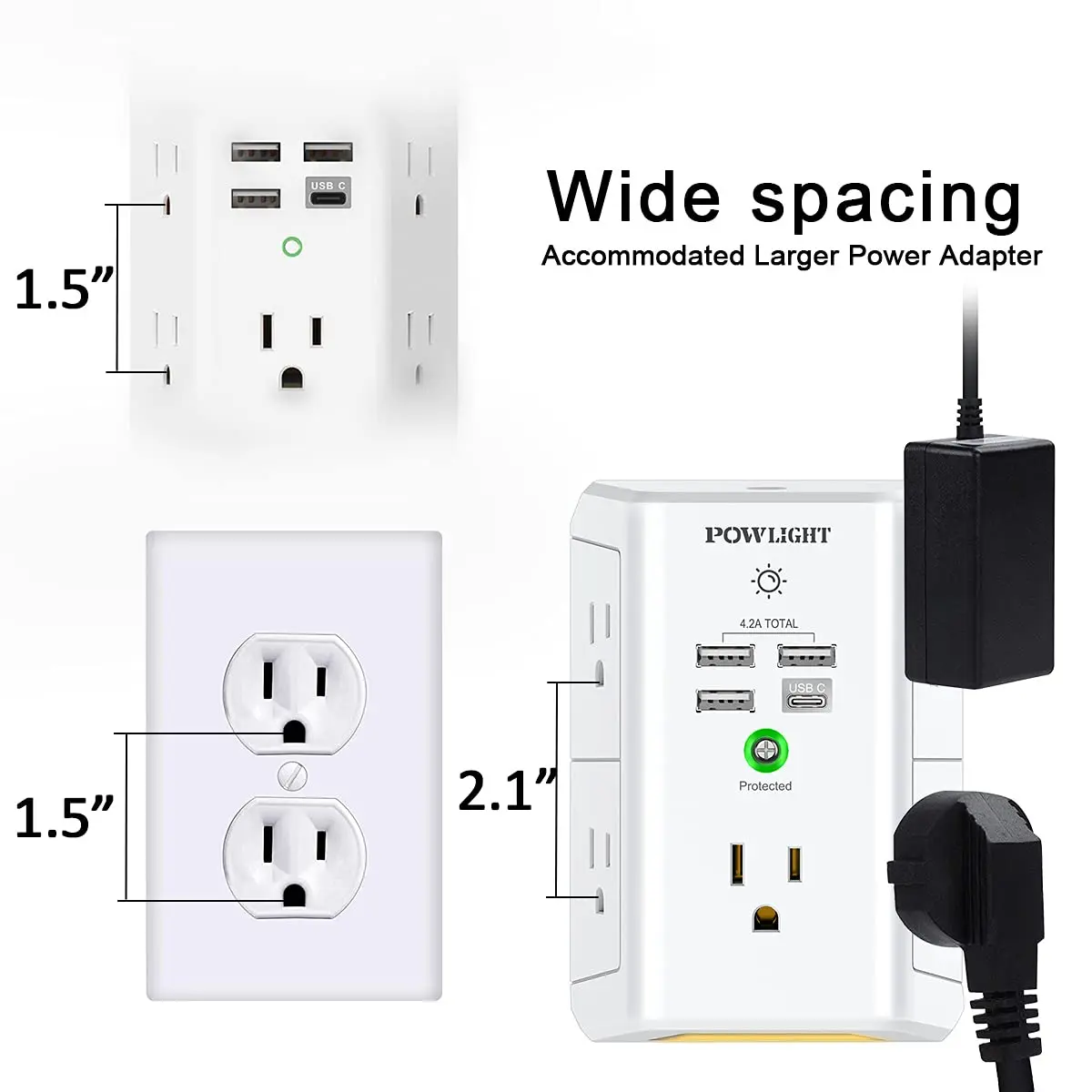 Usb Wall Charger,Outlet Extender With Night Light,Powlight 5outlet