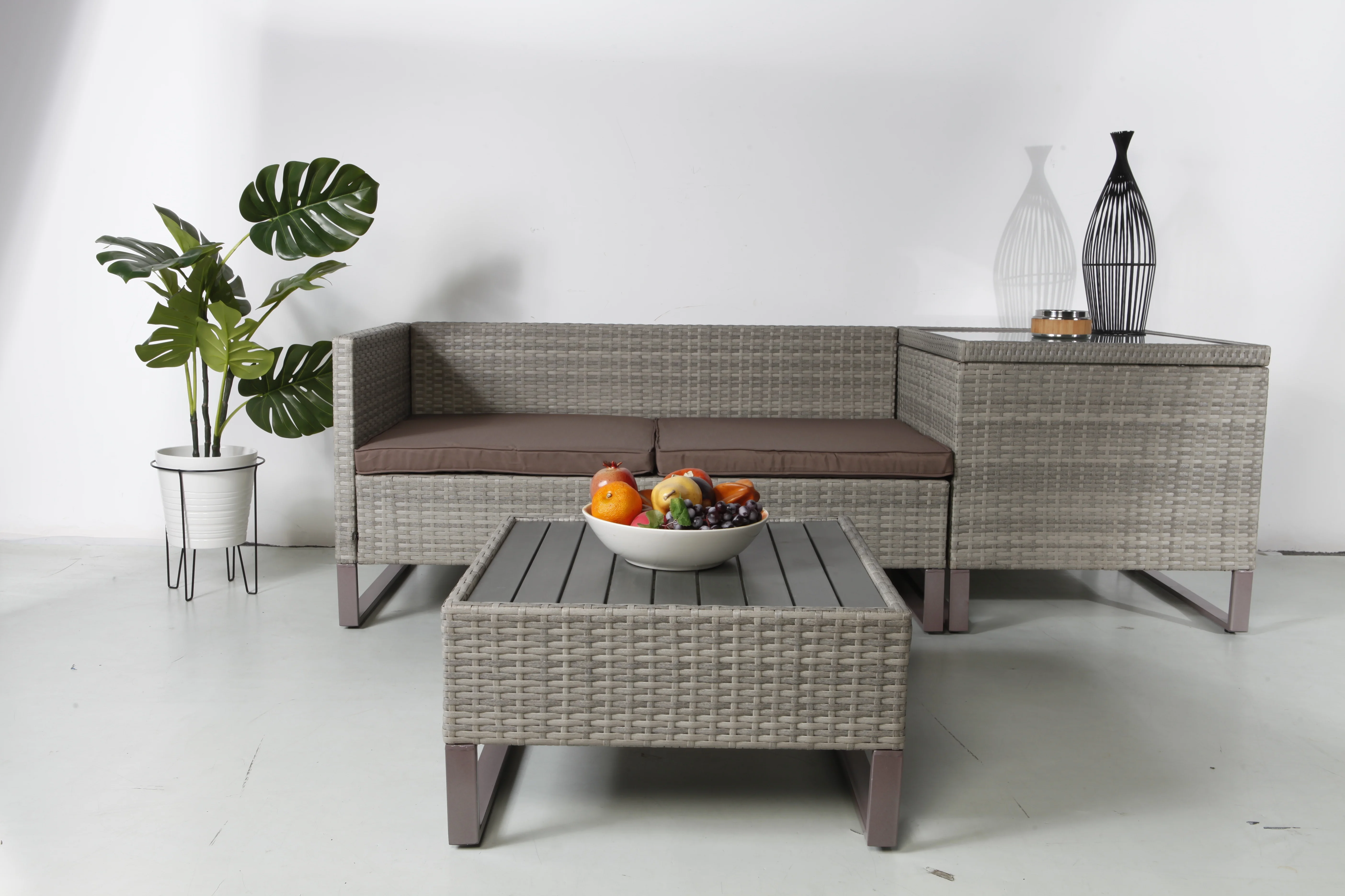 Detachable Corner With Storage Box With Plastic Wood Table Rattan Outdoor  Sofa Set