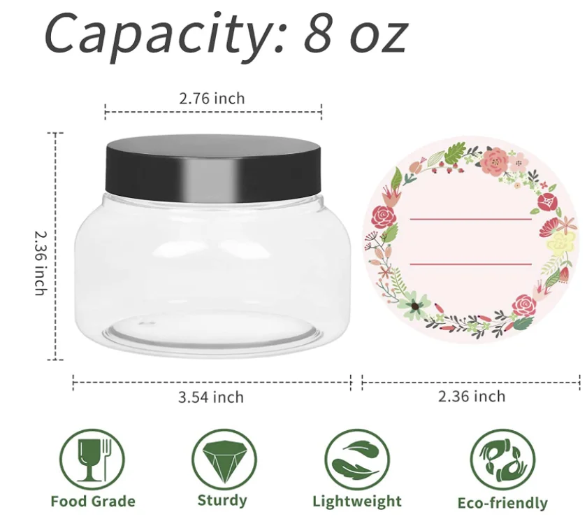8 oz Clear Plastic Jars with Lids and Labels Refillable Round Plastic ...