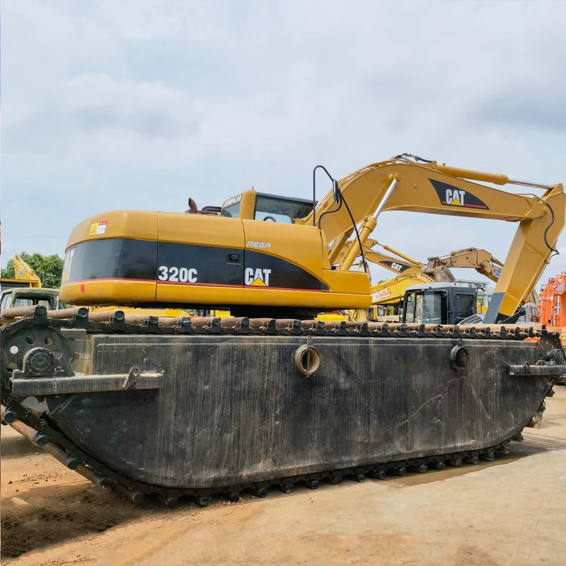Used Amphibious Excavator Dredger CAT 320, CAT 320C 320CL 320D 320D2 Excavator, River Sand Dredging Machine Pontoon Boat Sides