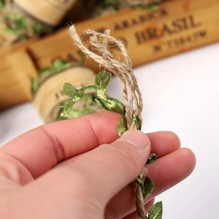 24PCS Natural Jute Twine Ribbon With Artificial Green Leaves for Wedding Home Garden