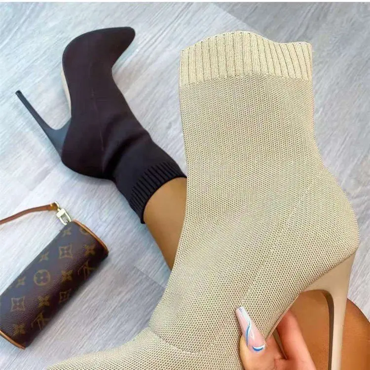 Womens Knit Stretch Stiletto Sock Boots High Heels Pointed Toe Shoes 