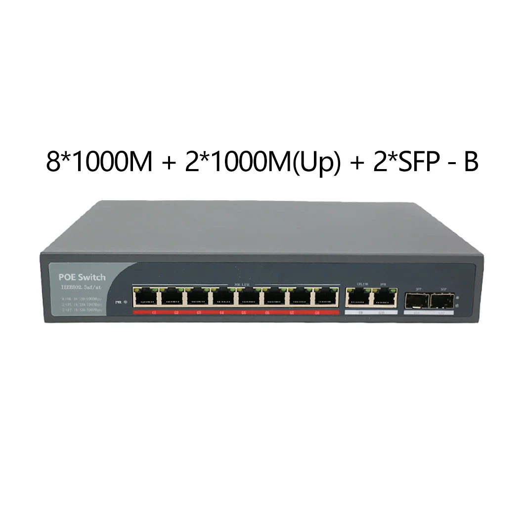 8 Port POE 交换机 802.3af/at Ethernet 8*100Mbps+2*1000Mbps Uplink RJ45+1*SFP Rack Gigabit Network 48V 120W 3