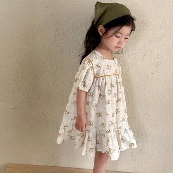 Girls dress summer fashionable pure cotton floral kids' skirt 2024 New summer short sleeve baby princess dress