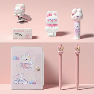 1 Set of pink Mini Staplers, Staples, Correction Tape, Solid Glue, Notebook Cute Rabbit Pattern Desktop Stapler, Stapler