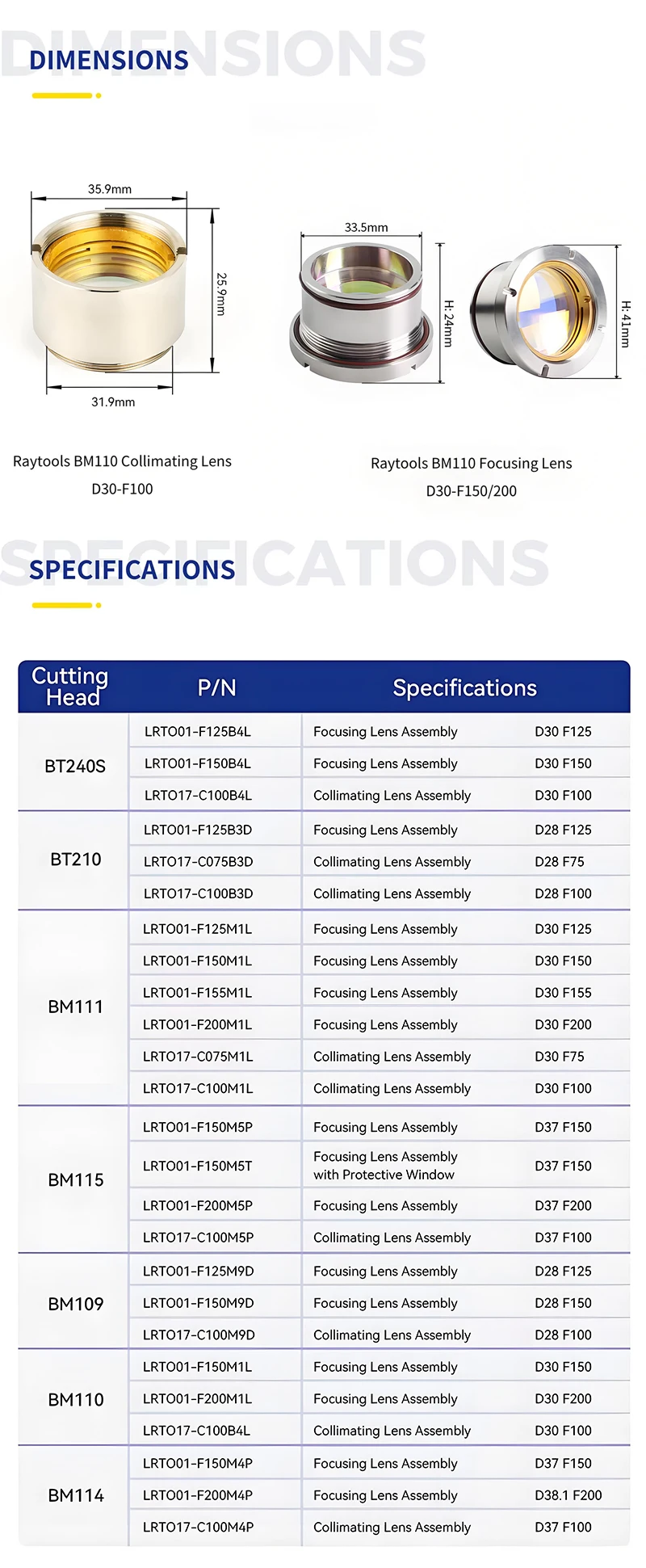 D30 F75/100 Laser Collimating Lens D30 F125/155/200 Focusing Lens Assembly for Raytools BM110 BM111 Laser Cutting Head