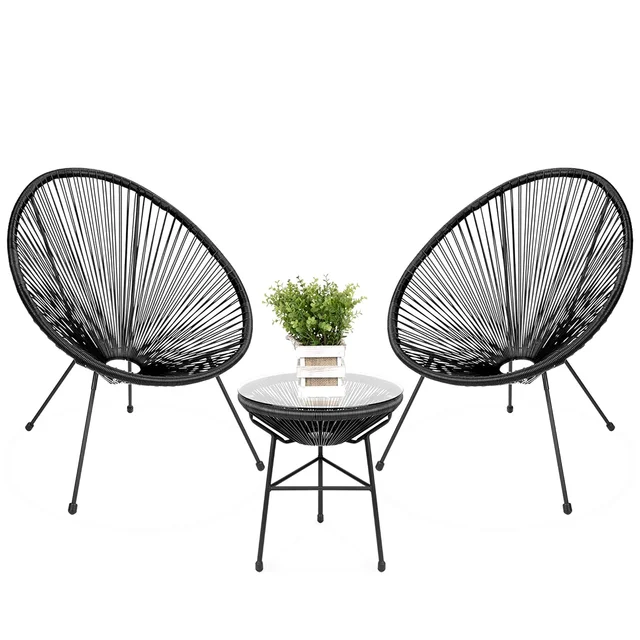 HOMECOME Outdoor Furniture Garden Bistro set,3 Pieces Egg Chair with stand,Handmade Rattan Rope and Glass Table