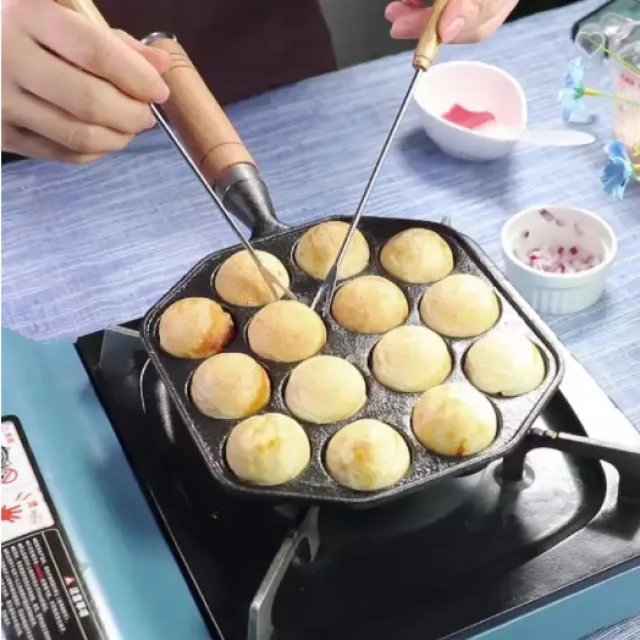 14 Holes Iron Takoyaki Pan with Wooden Handle