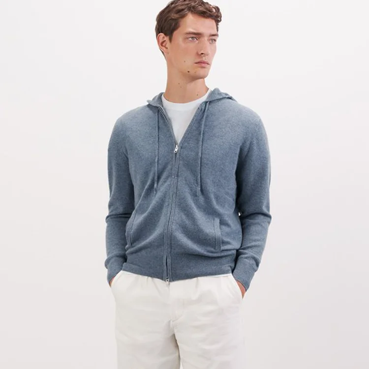 Custom logo Men Long Sleeve Zipper Sweater With Hoodies Soft Wool  Cashmere Knitted Cardigan Man Hoodies Sweaters